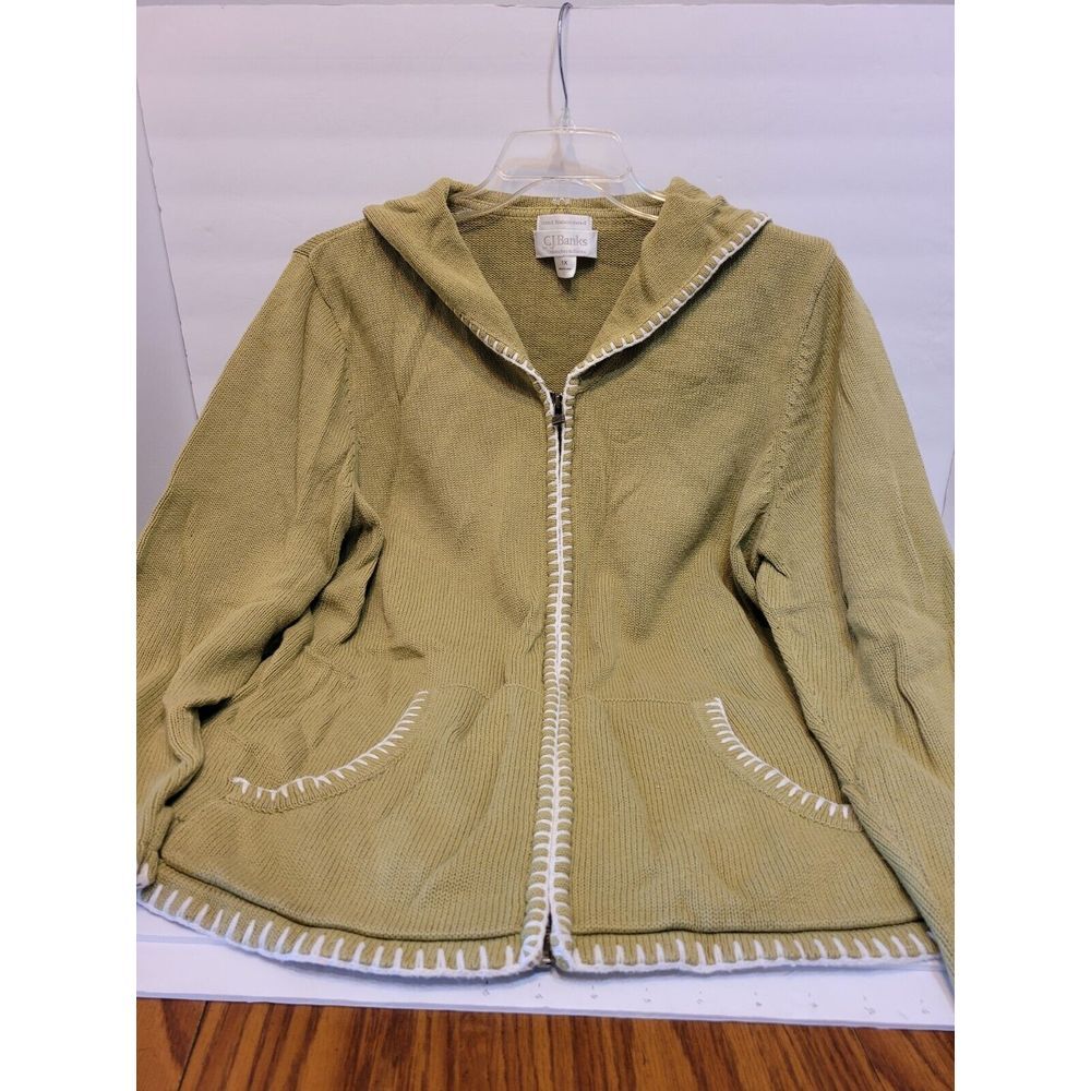 CJ Banks Hooded Cardigan Womens 1X Green Excellent Blanket Stitch Cotton Zip